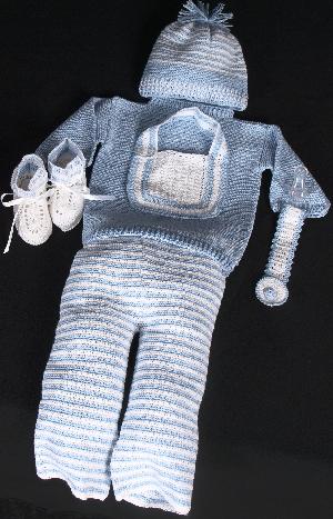 WHITE COTTON WITH BLUE TRIM STRIPES.  SET INCLUDES; BOOTIES, HAT, PACIFIER HOLDER, BIB, STRIPED BOTTOM AND FLAP SWEATER.