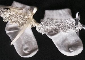 WHITE NYLON SOCKS TRIMMED WITH WHITE OR IVORY CROCHET TRIM.  PERFECT ACCESSORY FOR THE DRESSES.