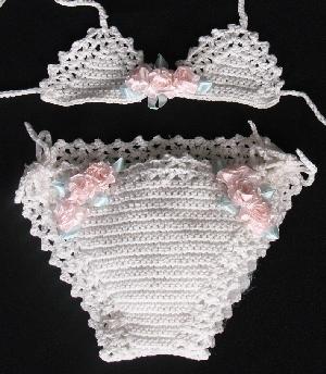 WHITE COTTON FABULOUS BIKINI EMBELLISHED WITH PINK ROSEBUDS ON TOP AND BOTTOM.