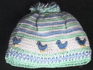 COTTON HAT WITH BLUE AND GREEN STRIPES AND LITTLE BLUE CHICS.  