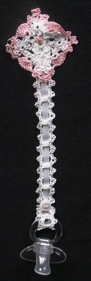 WHITE WITH PINK ROSES AND GREEN PETALS.  