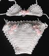 WHITE COTTON FABULOUS BIKINI EMBELLISHED WITH PINK ROSEBUDS ON TOP AND BOTTOM.