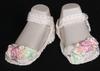 WHITE COTTON SANDAL WITH PINK ROSEBUD AND GREEN LEAVES.