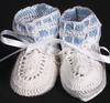 WHITE COTTON HIGH TOP BOOTIE WITH TWO STRIPES OF BLUE AROUND THE TOP EDGE.   