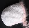 WHITE RAYON HAT WITH PINK FUZZY TRIM.  