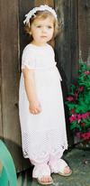 WHITE RAYON FILET CROCHET GOWN WITH TINY ROSEBUD TRIM.